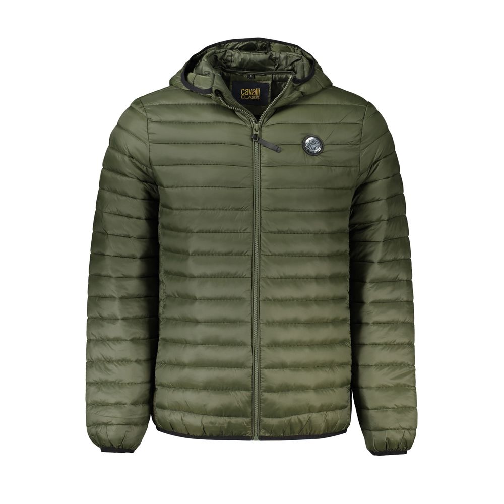 Cavalli Class Green Polyamide Men Jacket with hood, logo, and pockets. Stylish, lightweight design offering warmth and functionality.