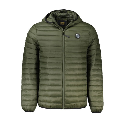 Cavalli Class Green Polyamide Men Jacket with hood, logo, and pockets. Stylish, lightweight design offering warmth and functionality.