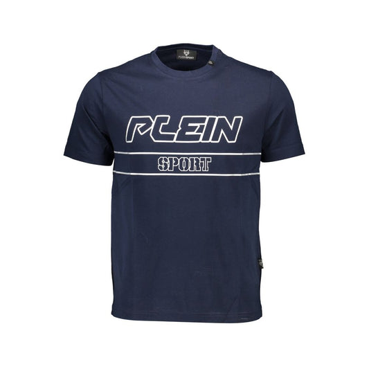 Plein Sport Blue Cotton Men T-Shirt with logo and print, short sleeve, crew neck, premium cotton, high-fashion athletic style