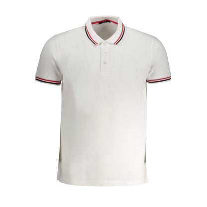 Cavalli Class White Cotton Polo Shirt with short sleeves, 3 buttons, contrast details, and embroidery logo.