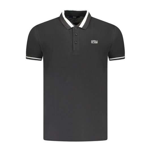 Cavalli Class Black Cotton Men Polo Shirt with embroidered logo and contrast buttons, luxury menswear, short sleeves, premium cotton