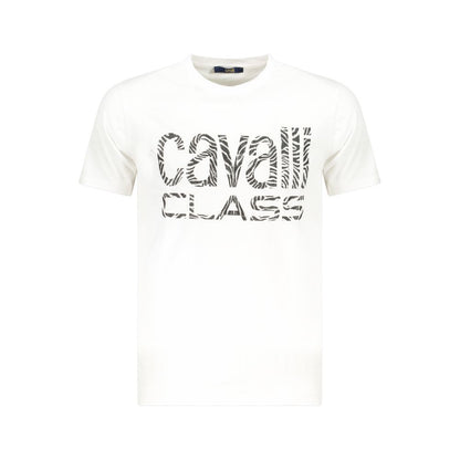 Cavalli Class White Cotton Men T-Shirt with iconic logo design, short sleeve, crew neck, premium material, chic casual wear for modern men.