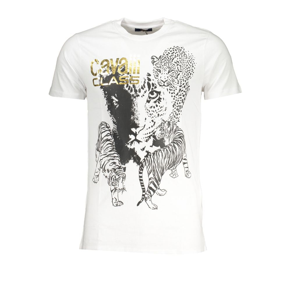 Cavalli Class White Cotton T-Shirt with crew neck and short sleeves, featuring a striking animal print and Cavalli logo design.