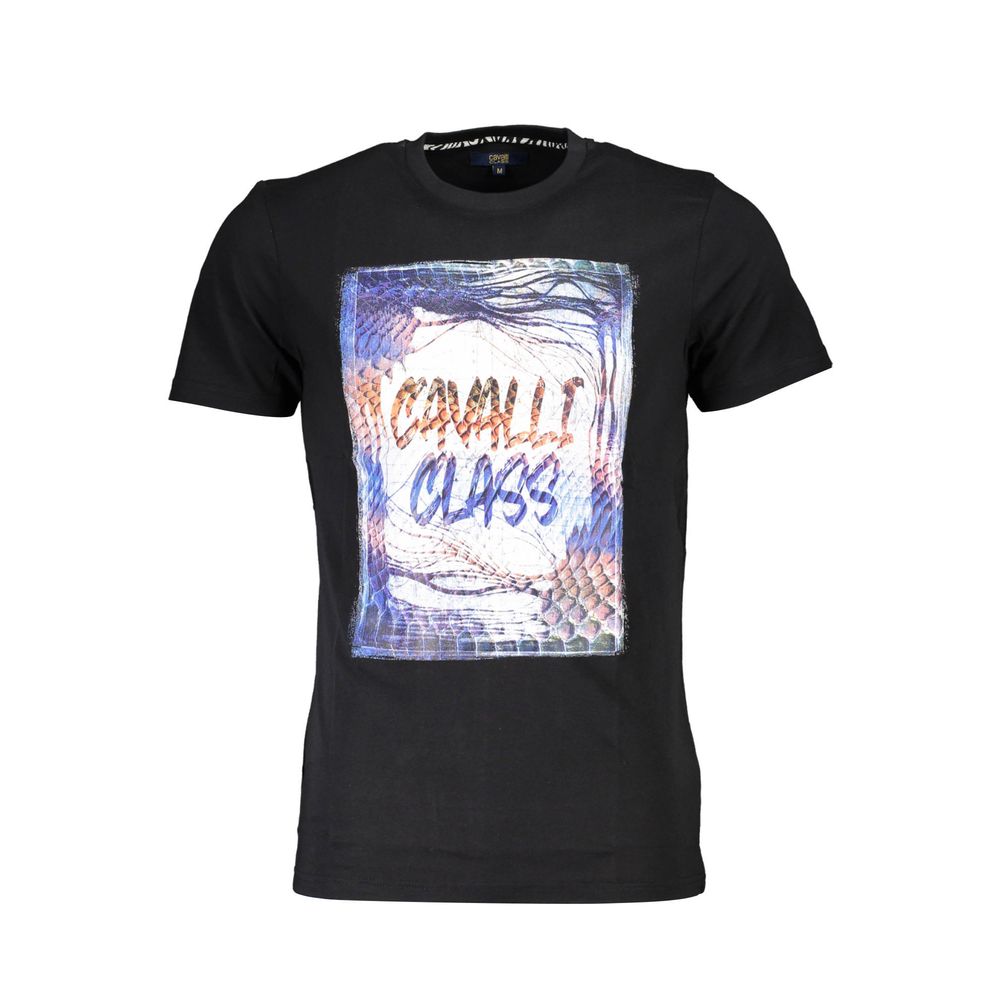 Cavalli Class Black Cotton Men T-Shirt with bold logo print and crew neck design for a stylish fashion-forward look.