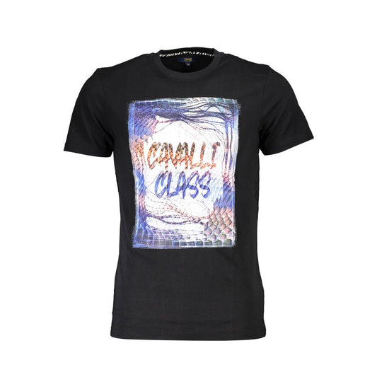 Cavalli Class Black Cotton Men T-Shirt with bold logo print, short sleeves, classic crew neck, Italian luxury fashion.