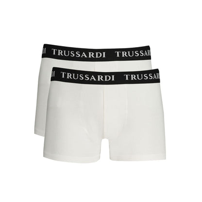 Trussardi White Cotton Underwear with branded elastic waist, bi-pack boxer parts featuring logo print.