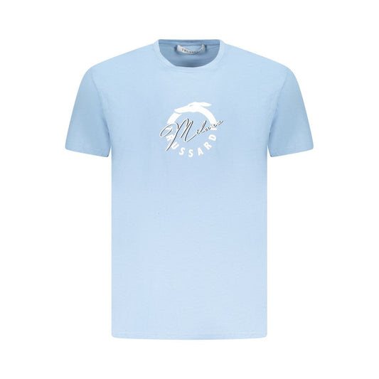 Trussardi Light Blue Cotton Men T-Shirt with logo print, short sleeve, comfortable premium cotton for casual sophistication.