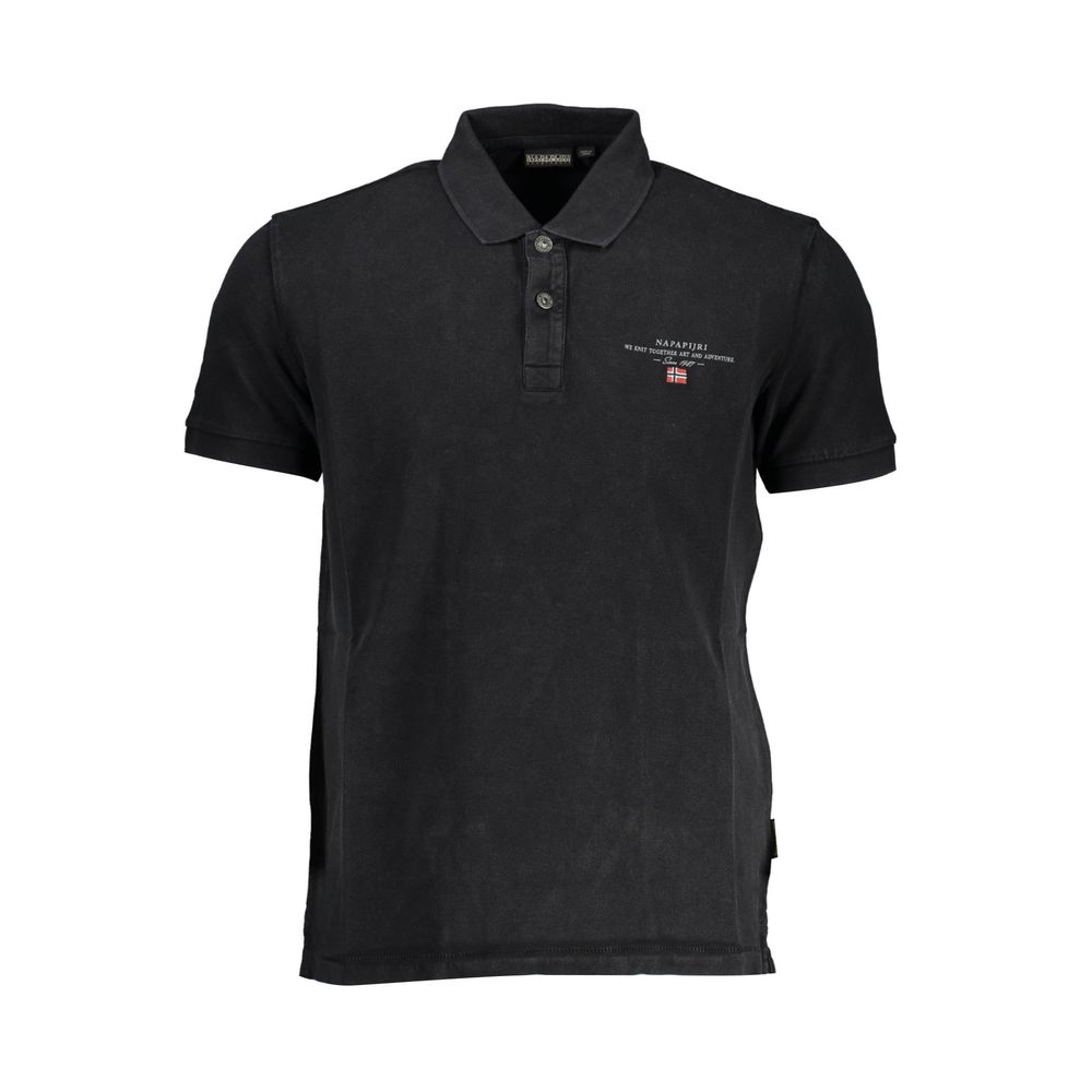 Napapijri Black Cotton Men Polo Shirt with short sleeves, iconic logo, and signature embroidery, showcasing stylish, comfortable fashion.