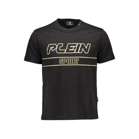 Plein Sport Black Cotton Men T-Shirt with logo and eye-catching print, perfect for a bold statement. Made from soft cotton.