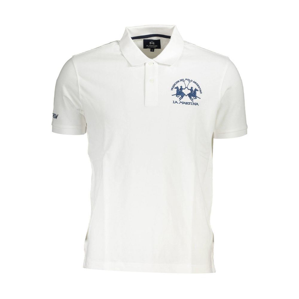 La Martina White Cotton Men Polo Shirt with embroidered logo, short sleeves, and 2-button placket for modern style.
