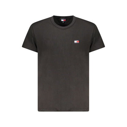 Tommy Hilfiger Black Cotton Men T-Shirt with embroidered logo, short sleeves, and crew neck on white background.