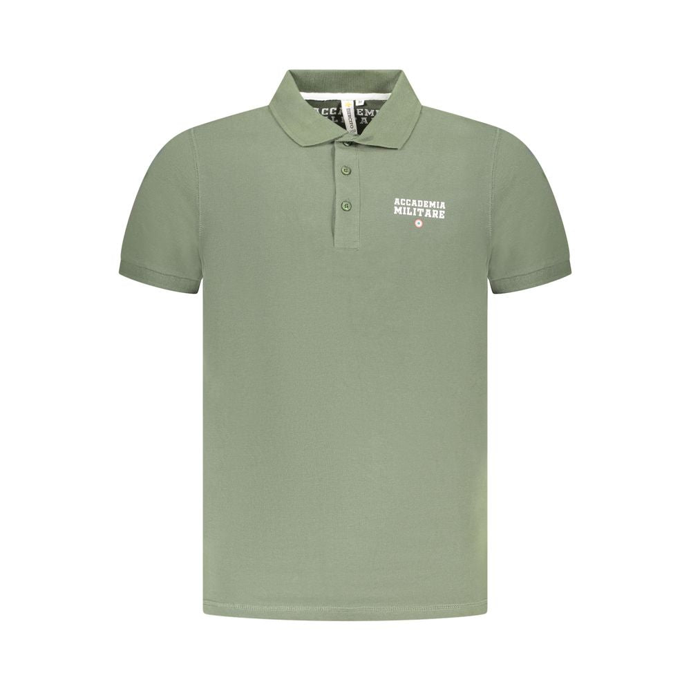 Accademia Militare Green Cotton Polo Shirt with short sleeves, 3 buttons, logo print on chest, and tricolore design.