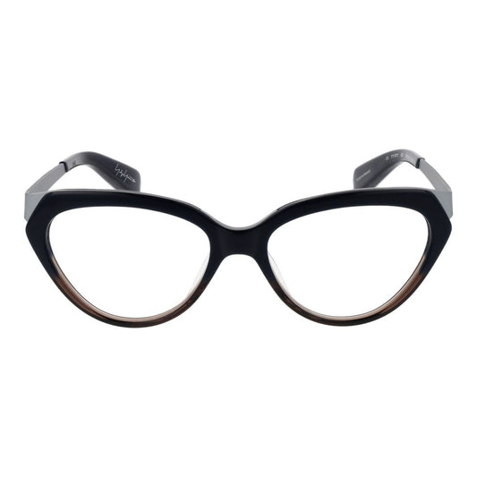 Yohji Yamamoto Black Unisex Glasses Frame in acetate, full-rim cat eye style with plastic demo lenses for versatile fashion.