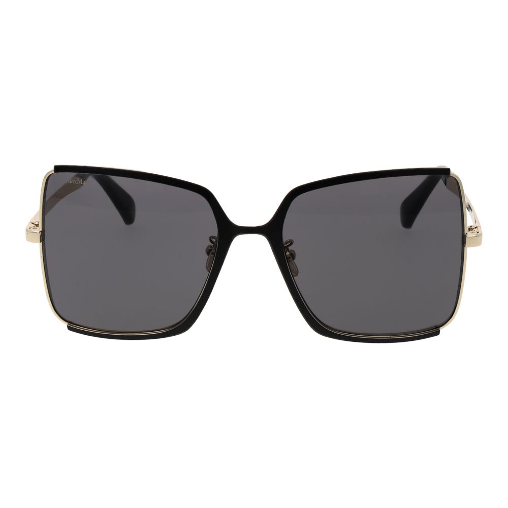 Max Mara Black Women Sunglass with full-rim metal frame, grey plastic lenses, and butterfly style, includes branded case, UVA & UVB protection.