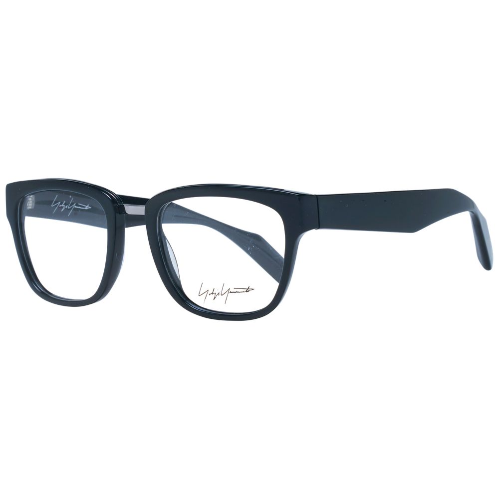 Yohji Yamamoto Black Unisex Glasses Frame, full-rim acetate, demo lenses, square style, 50-21-145 size, branded soft case included.
