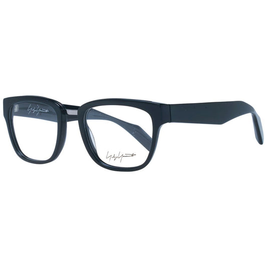 Yohji Yamamoto Black Unisex Glasses Frame, full-rim acetate, demo lenses, square style, 50-21-145 size, branded soft case included.