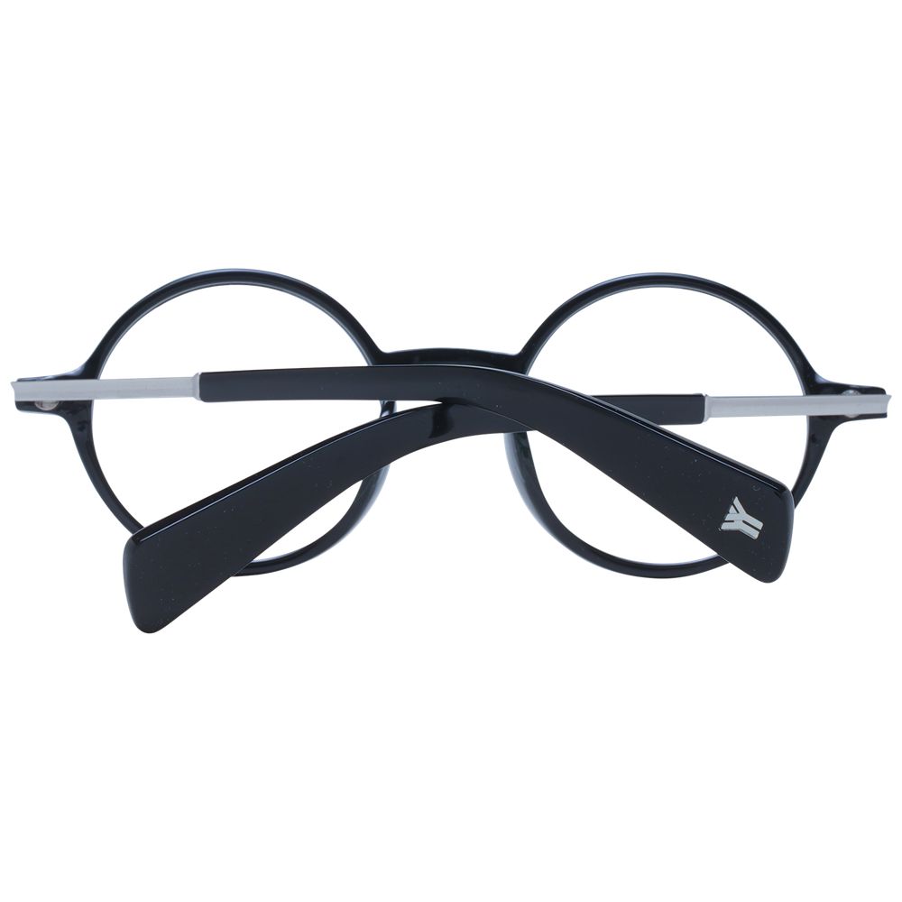 Yohji Yamamoto Black Unisex Glasses Frame, full-rim acetate, panto style with demo lenses, shown folded in a side view.