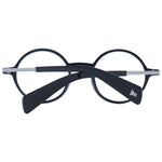 Yohji Yamamoto Black Unisex Glasses Frame, full-rim acetate, panto style with demo lenses, shown folded in a side view.