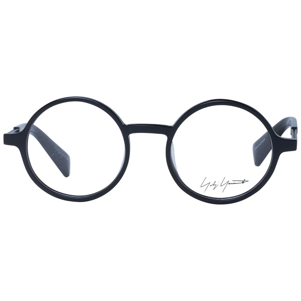 Yohji Yamamoto Black Unisex Glasses Frame, acetate full-rim, panto style with demo lenses, includes branded soft case.