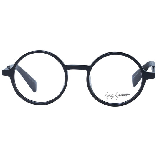 Yohji Yamamoto Black Unisex Glasses Frame, acetate full-rim, panto style with demo lenses, includes branded soft case.