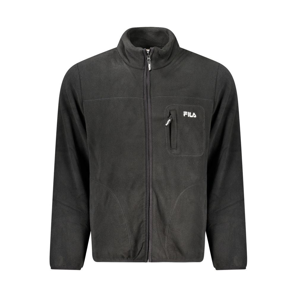 Fila Black Polyester Men Jacket with iconic embroidery, fleece material, long sleeves, and multiple pockets for urban adventurers.