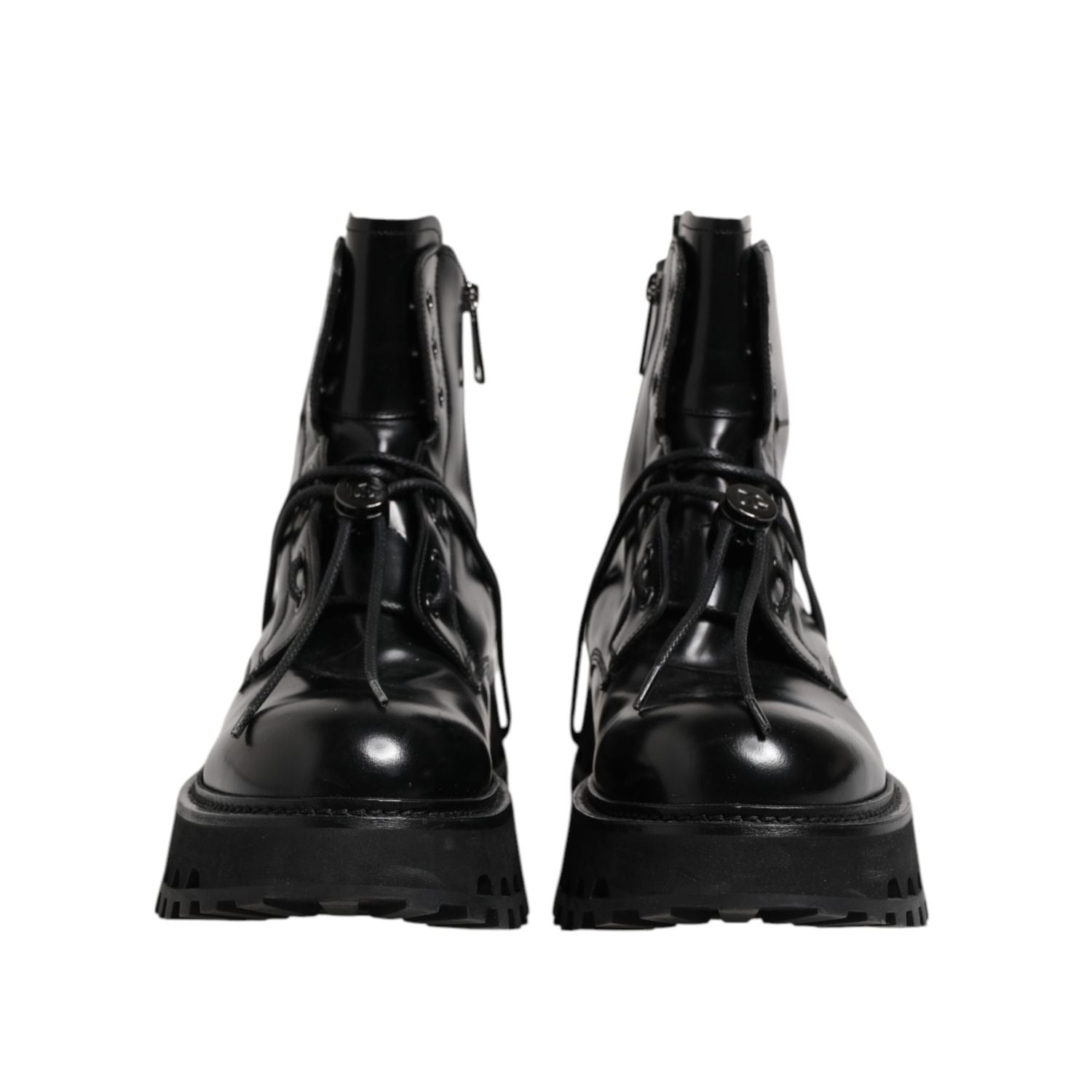 Dolce & Gabbana Black Leather Logo Ankle Boots Lace Up Shoes