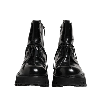 Dolce & Gabbana Black Leather Logo Ankle Boots Lace Up Shoes