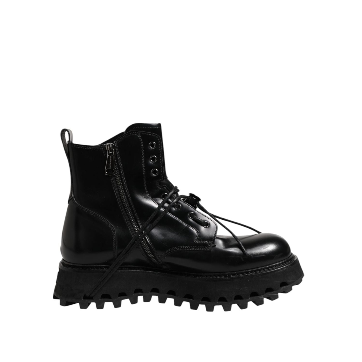 Dolce & Gabbana Black Leather Logo Ankle Boots Lace Up Shoes