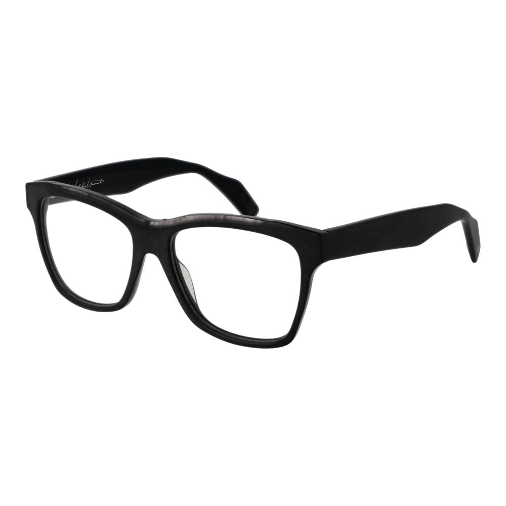 Yohji Yamamoto Black Unisex Glasses Frame in full-rim rectangle style with acetate material, black color, and demo lenses.