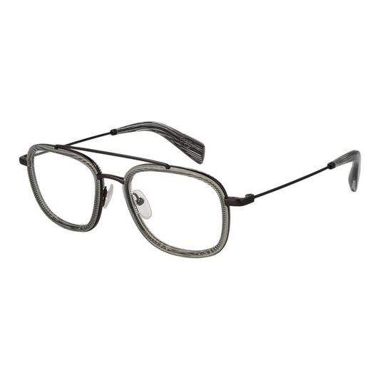 Yohji Yamamoto Gray Men Glasses Frame with full-rim aviator style, grey plastic frame, and demo lenses. Includes branded soft case.
