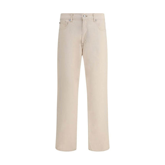 7FOR Beige Cotton Straight-Leg Jeans with five pockets, front zip-and-button closure, and belt loops for a modern and versatile look.