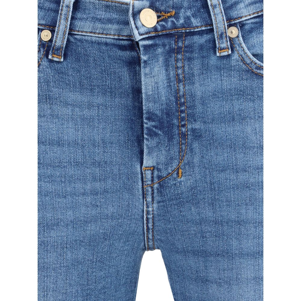 Close-up of 7FOR Blue Cotton Flared Jeans showing front button closure and classic five-pocket design in blue denim.