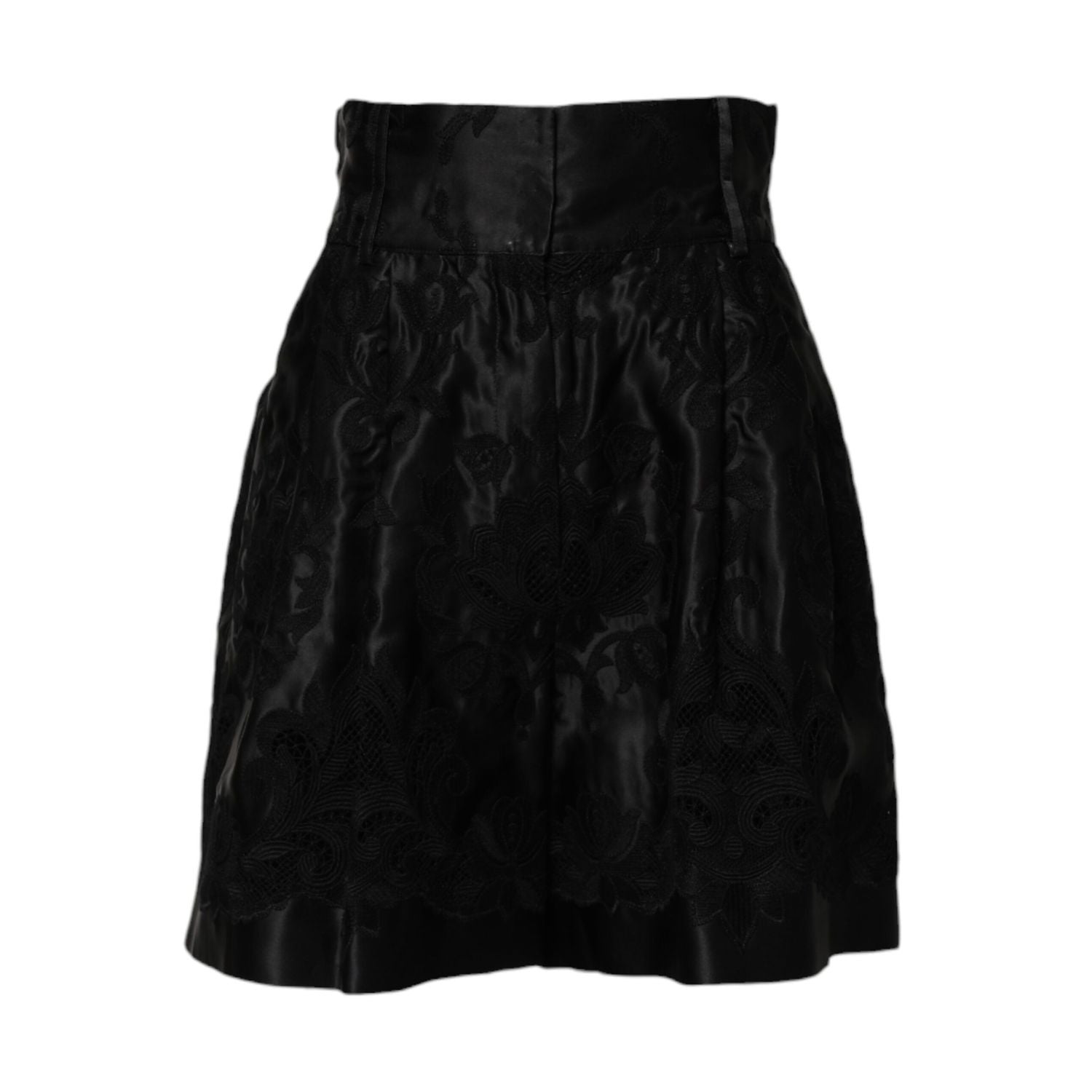 Dolce & Gabbana Black Floral Embroidery Silk High Waist Shorts