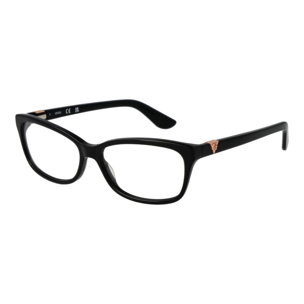 Guess Black Women Glasses Frame in acetate, full-rim, rectangular style with 53-14-140 size, black color, demo lenses.
