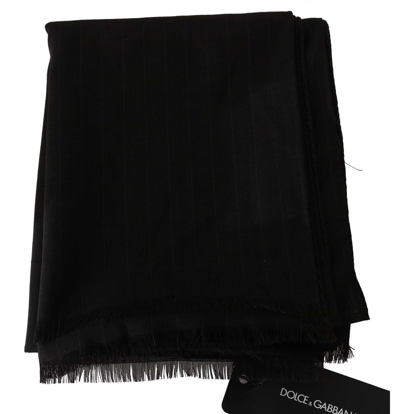 Dolce Gabbana wool striped wrap scarf in dark gray, featuring logo details and made of 100% virgin wool.