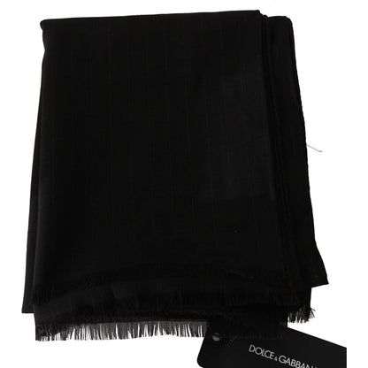 Dolce Gabbana wool striped wrap scarf in dark gray, featuring logo details and made of 100% virgin wool.
