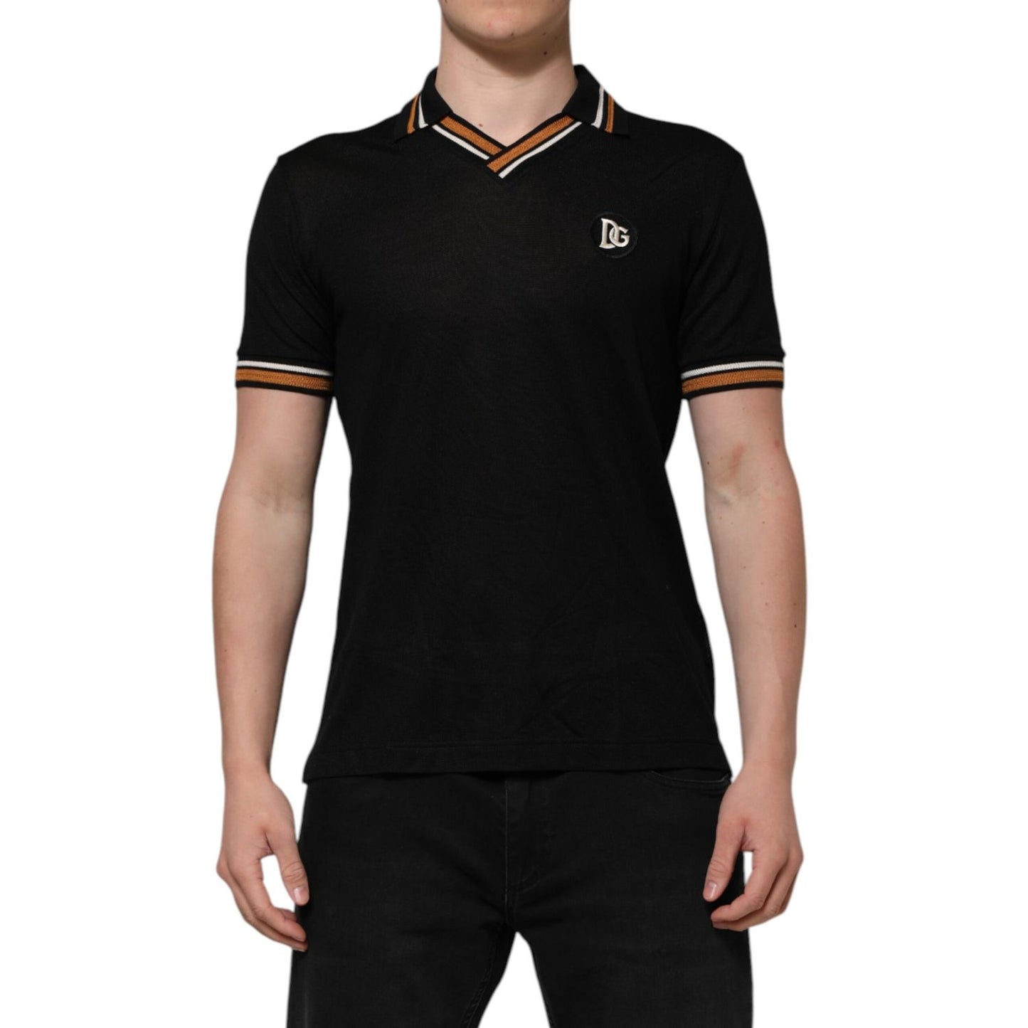 Dolce & Gabbana Black DG Silk Vneck Collared Men Polo T-shirt