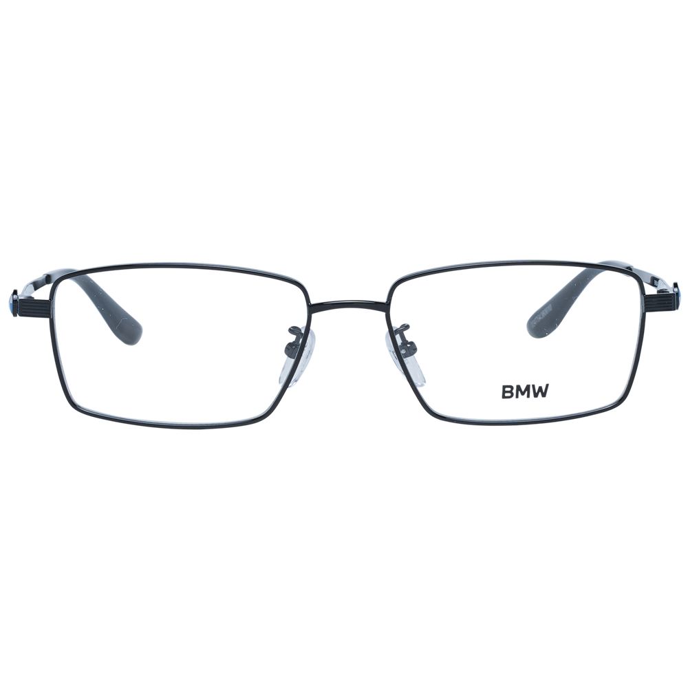BMW Black Men Glasses Frame, full-rim black titanium with demo lenses, rectangle style, size 56-17-145, includes branded case