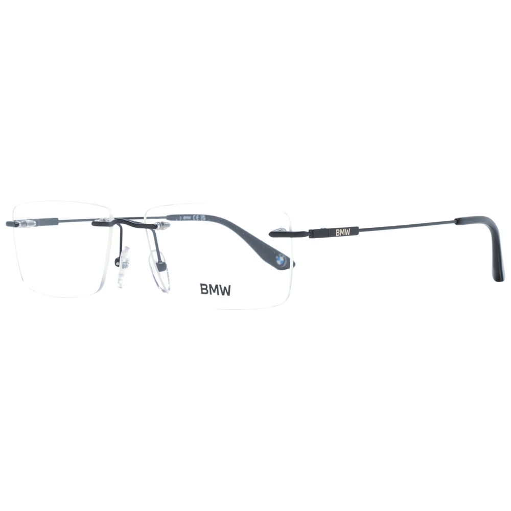 BMW Black Men Glasses Frame, titanium rimless rectangle with demo lenses, includes branded case; size 56-15-145, elegant design.