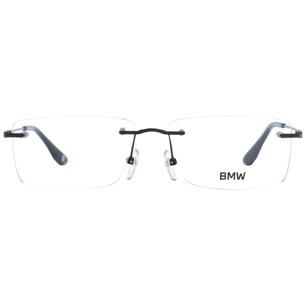 BMW Black Men Glasses Frame in rimless titanium, rectangular style; includes plastic demo lenses; size 56-15-145 with branded case.