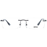 BMW Black Men Glasses Frame in rimless titanium, rectangular style; includes plastic demo lenses; size 56-15-145 with branded case.