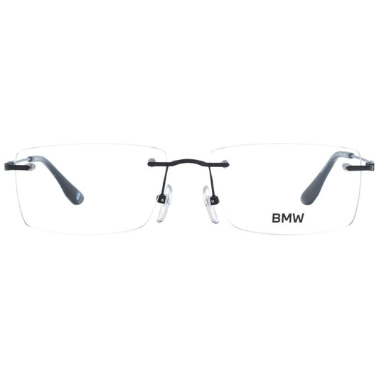 BMW Black Men Glasses Frame in rimless titanium, rectangular style; includes plastic demo lenses; size 56-15-145 with branded case.