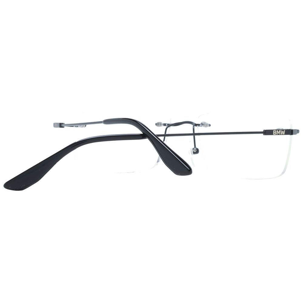 BMW Black Men Glasses Frame, rimless titanium design with demo lenses, rectangle style, includes branded case, size 56-15-145.
