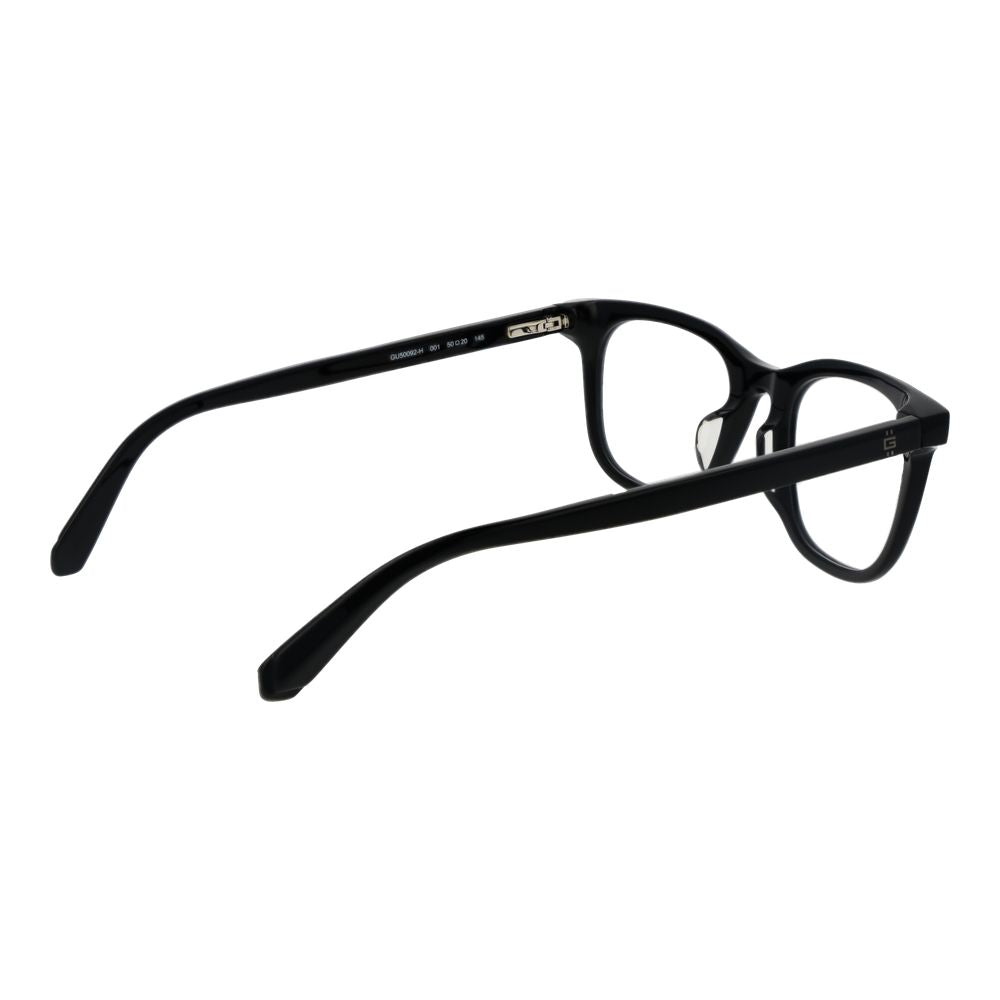 Guess Black Men Glasses Frame, full-rim acetate, rectangle style with demo lenses, side view showing spring hinges and black finish.