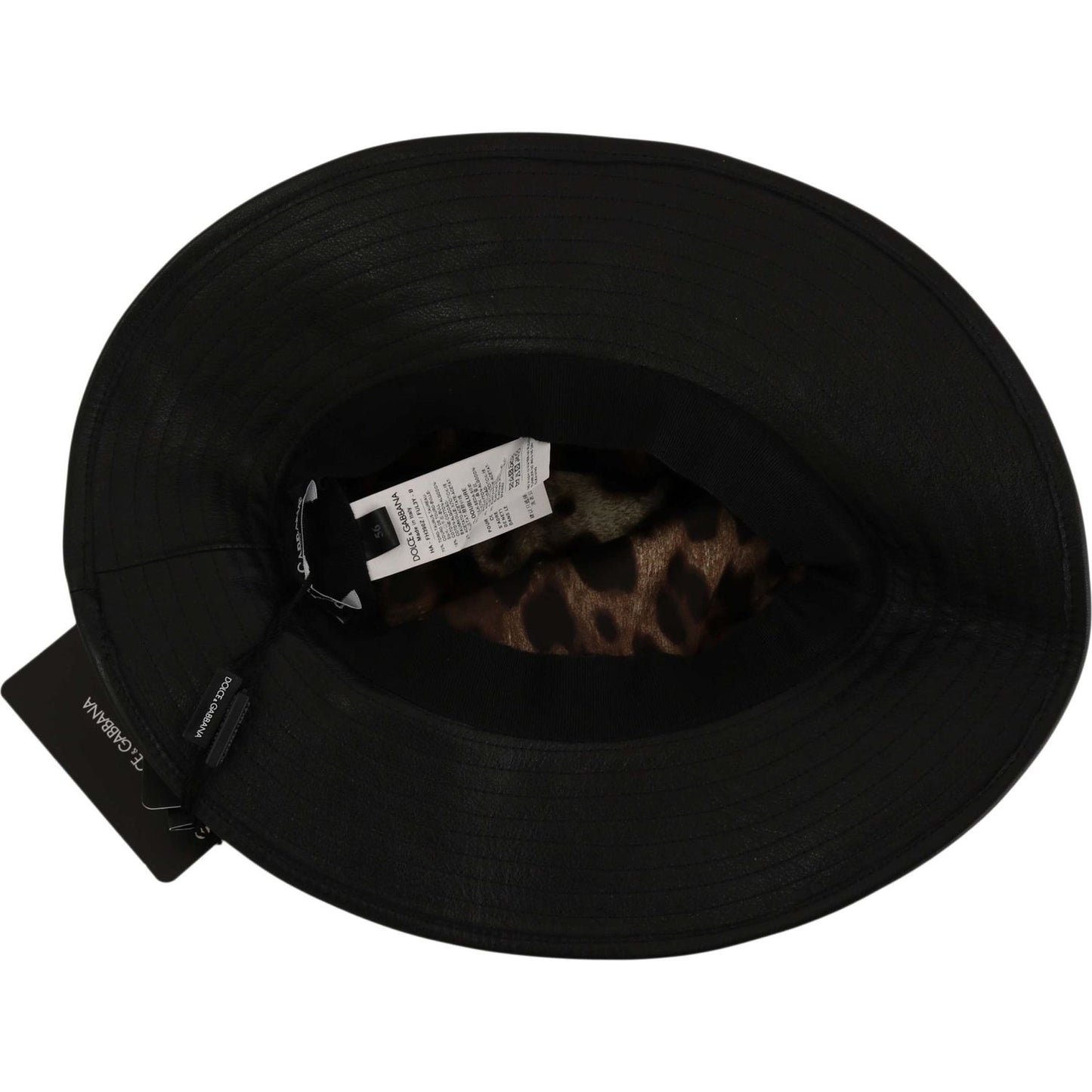 Dolce & Gabbana Black Leather DG Coin Crystal Wide Brim Hat Hat