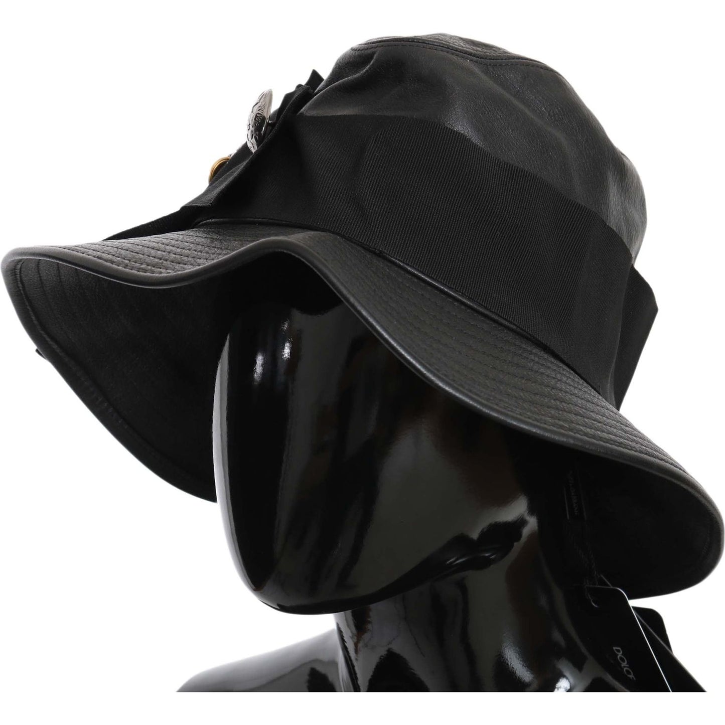 Dolce & Gabbana Black Leather DG Coin Crystal Wide Brim Hat Hat