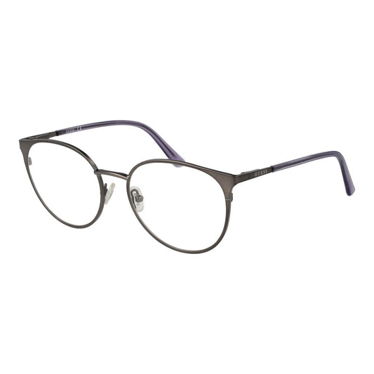 Guess Silver Women Glasses Frame with round full-rim design, silver metal, demo lenses, and spring hinge, ideal for stylish eyewear.