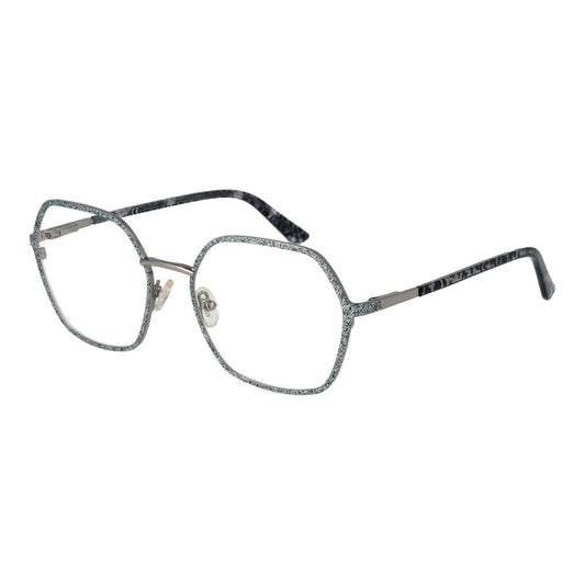 Guess Silver Women Glasses Frame, silver metal rectangle full-rim, demo lenses, spring hinge, sizes 55-19-140, branded case included.