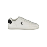 Calvin Klein White Leather Men Sneaker with black accents on a crisp white backdrop, featuring removable footbed for comfort.