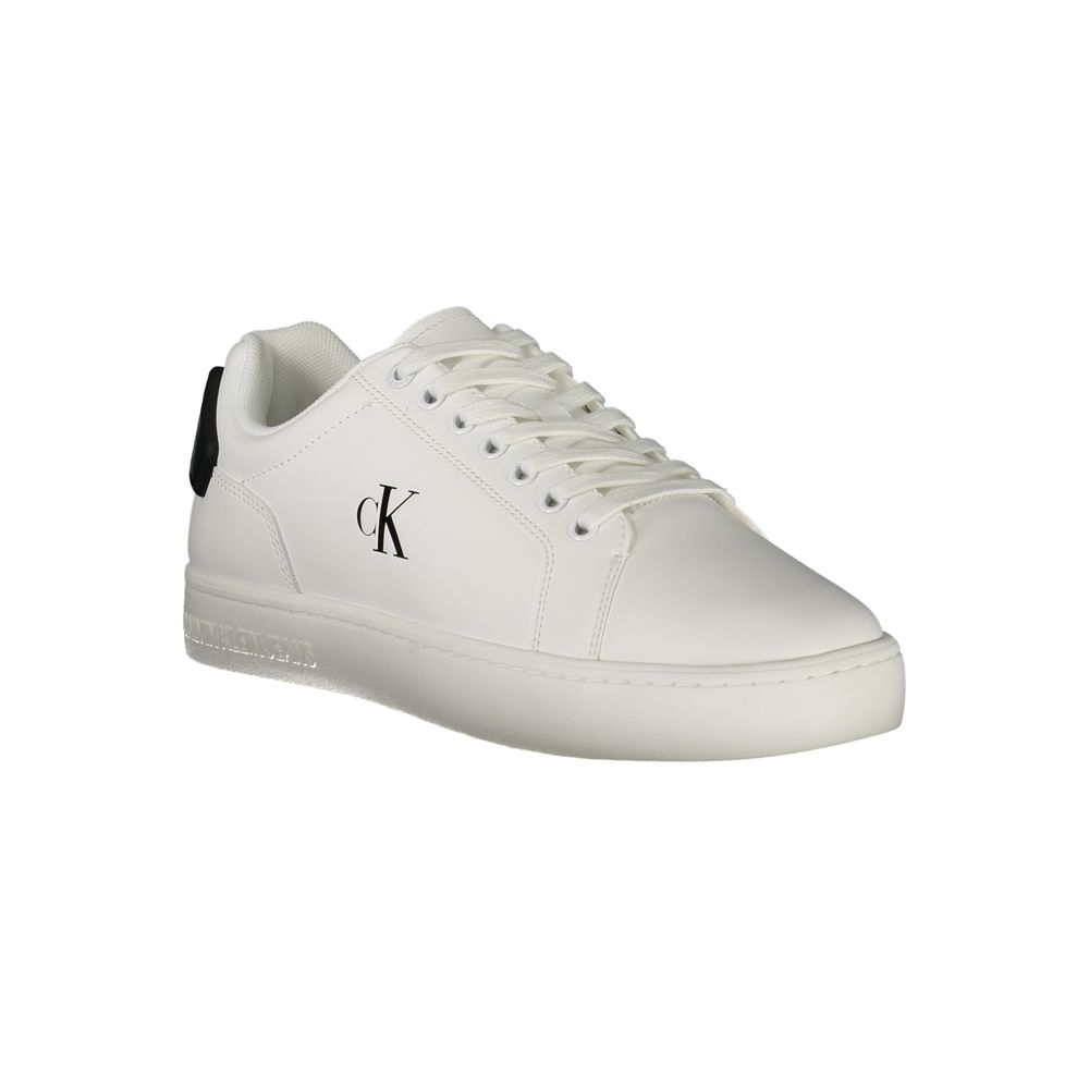 Calvin Klein White Leather Men Sneaker with black accents, featuring a removable footbed for comfort and style.